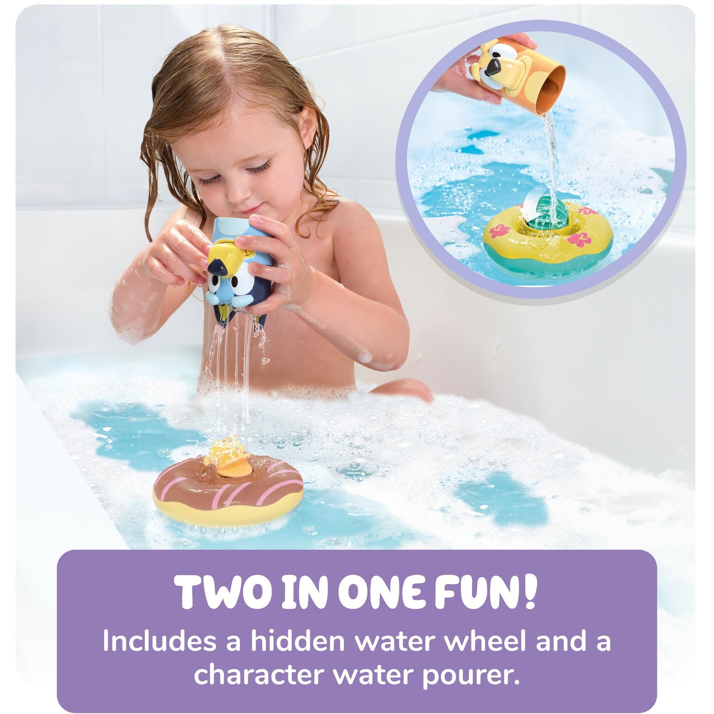 TOMY Toomies Splash & Float Bingo and Bluey Water Toys - 2-in-1 Toddler Bath & Pool Play Set with Pour Cups & Water Wheels - Ages 18 Months+