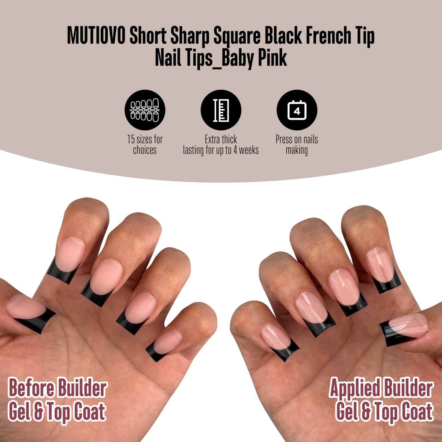MUTIOVO Black French Tip Short Straight Square Nail Tips Press on, BABY PINK Extra Thick NEED Soft Gel Nail Extension, Need Builder gel & Top,Coat Full Cover False Nails, for DIY x 15 Sizes 150 pcs