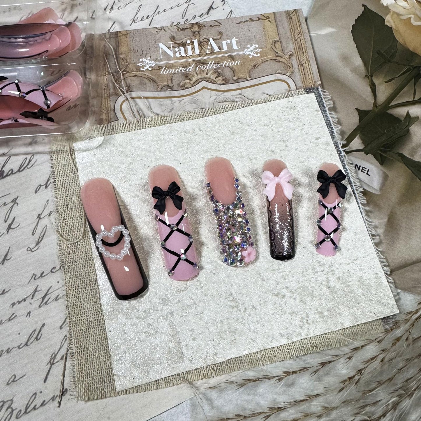 IMSOHOT Curved Press on Nails Long Square Fake Nails Pink Black French Tip False Nails with Bow, Glitter, Rhinestone Designs Cute Acrylic Extra Long Stick on Nails for Women Girls
