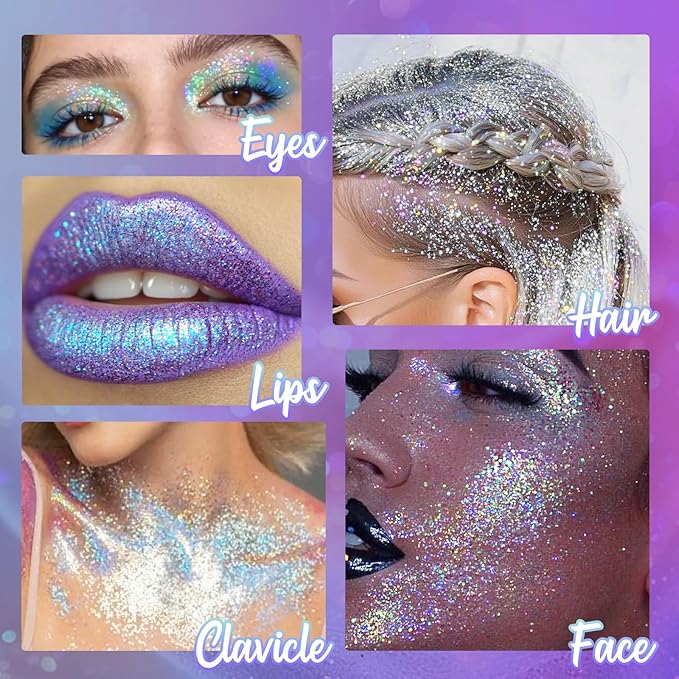 CAHOTO Purple Rolling Glitter for Face Body & Hair, Sparkling Holographic Chunky Shimmer, Roll-on Sequins for Singer Concert Rave Festival Halloween Party Mardi Gras Carnival, 1.35fl.oz