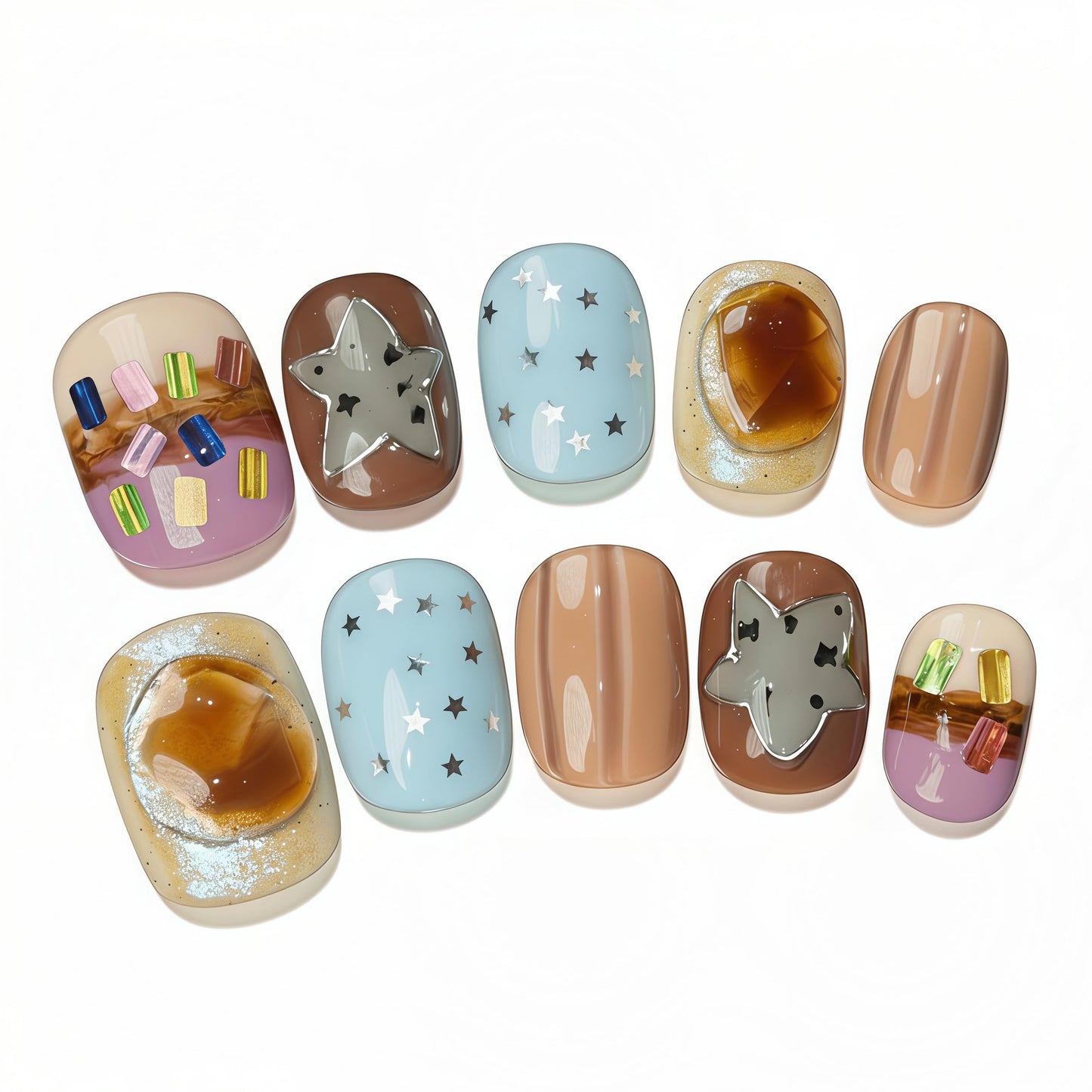 Fine Point Handmade Press On Nails, 10pcs Short Squoval, Blue Macaron Pastel Mix Print with Star Confetti & Jelly Gem Accent, Reusable Glue On False Nails Fun Mothers Day Gifts (Size Small)