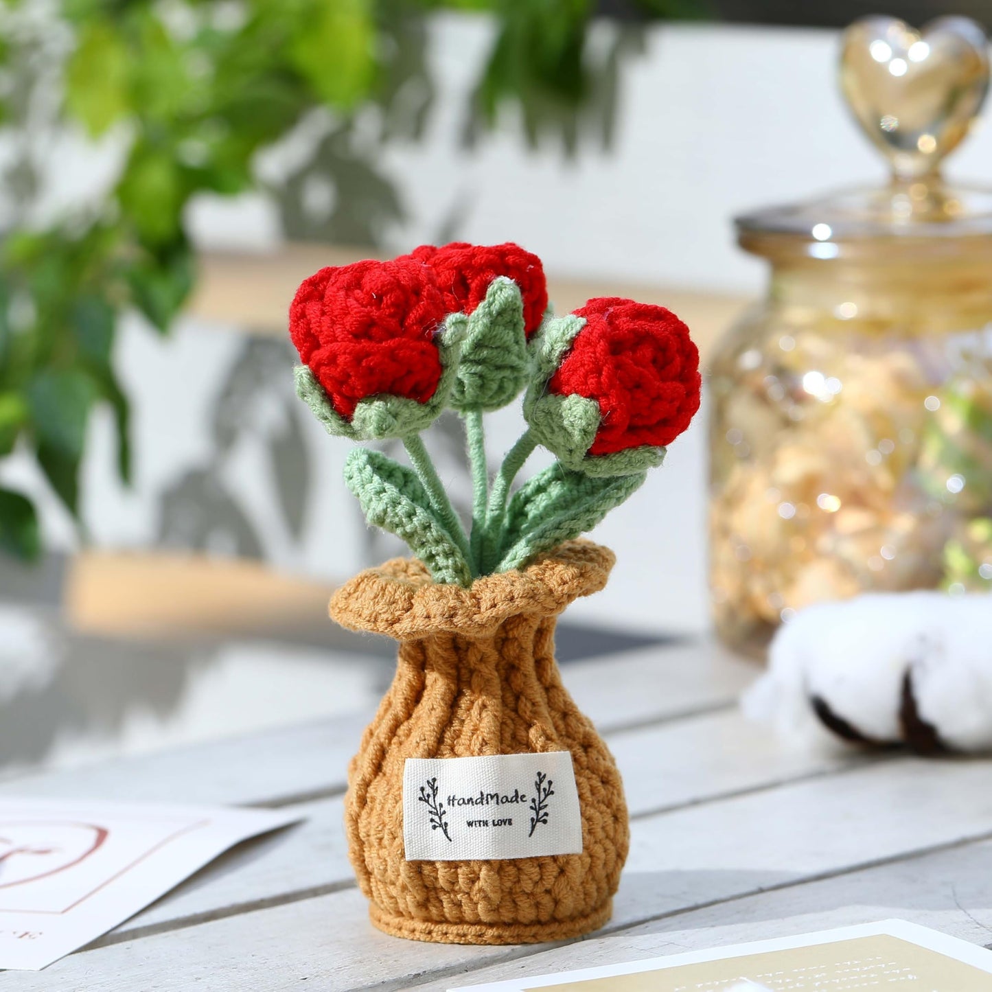 YOOJEE Crochet Rose Flower Potted Plant – Red, Valentines Day Gift for Her, Handmade Knitted Romantic Desk Decor