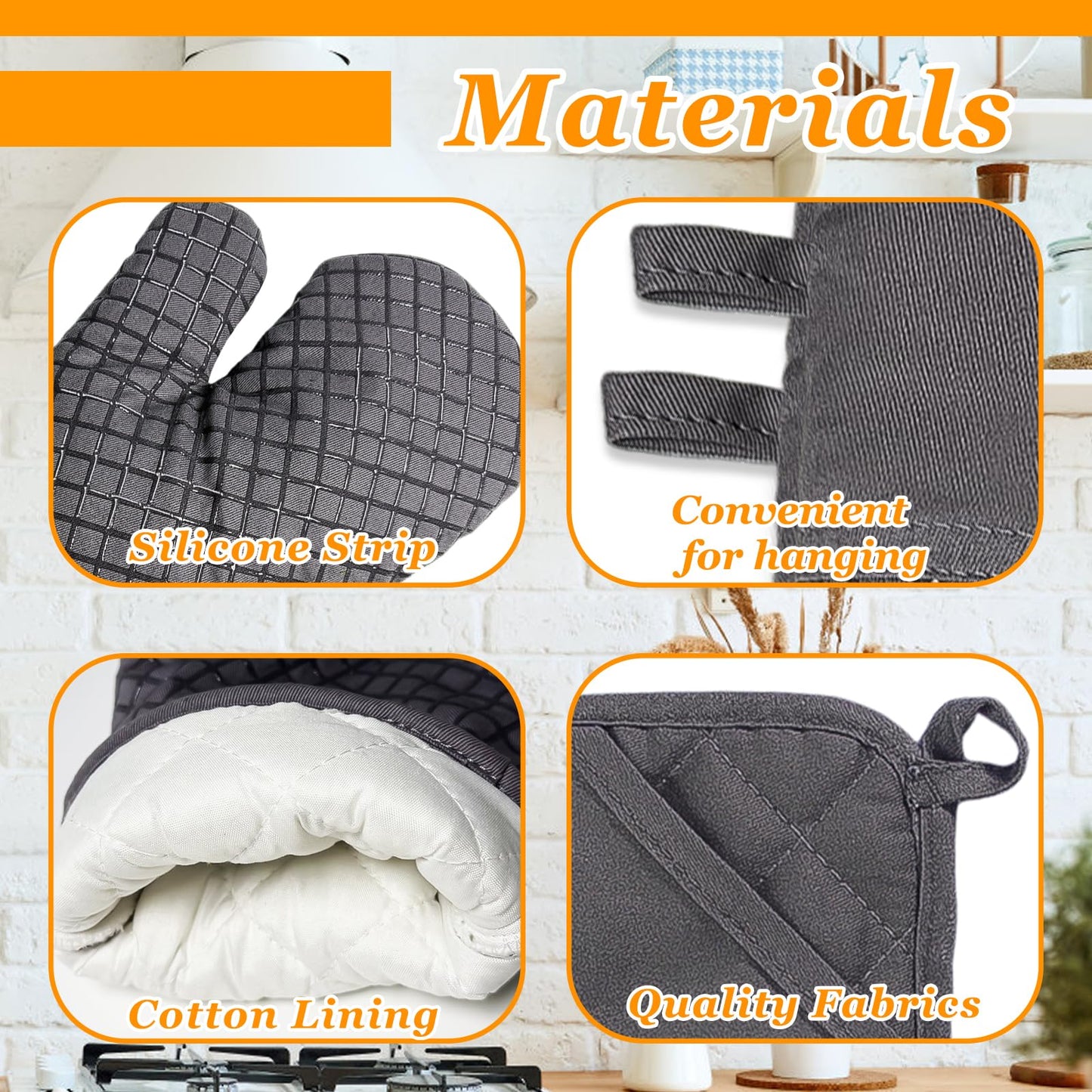 4 Pcs Oven Mitts and Pot Holders,Kitchen Long Oven Glove High Heat Resistant 500 Degree,Extra Thicken Oven Mitts and Potholder with Non-Slip Silicone Surface for Baking,Grilling,Cooking(Grey)