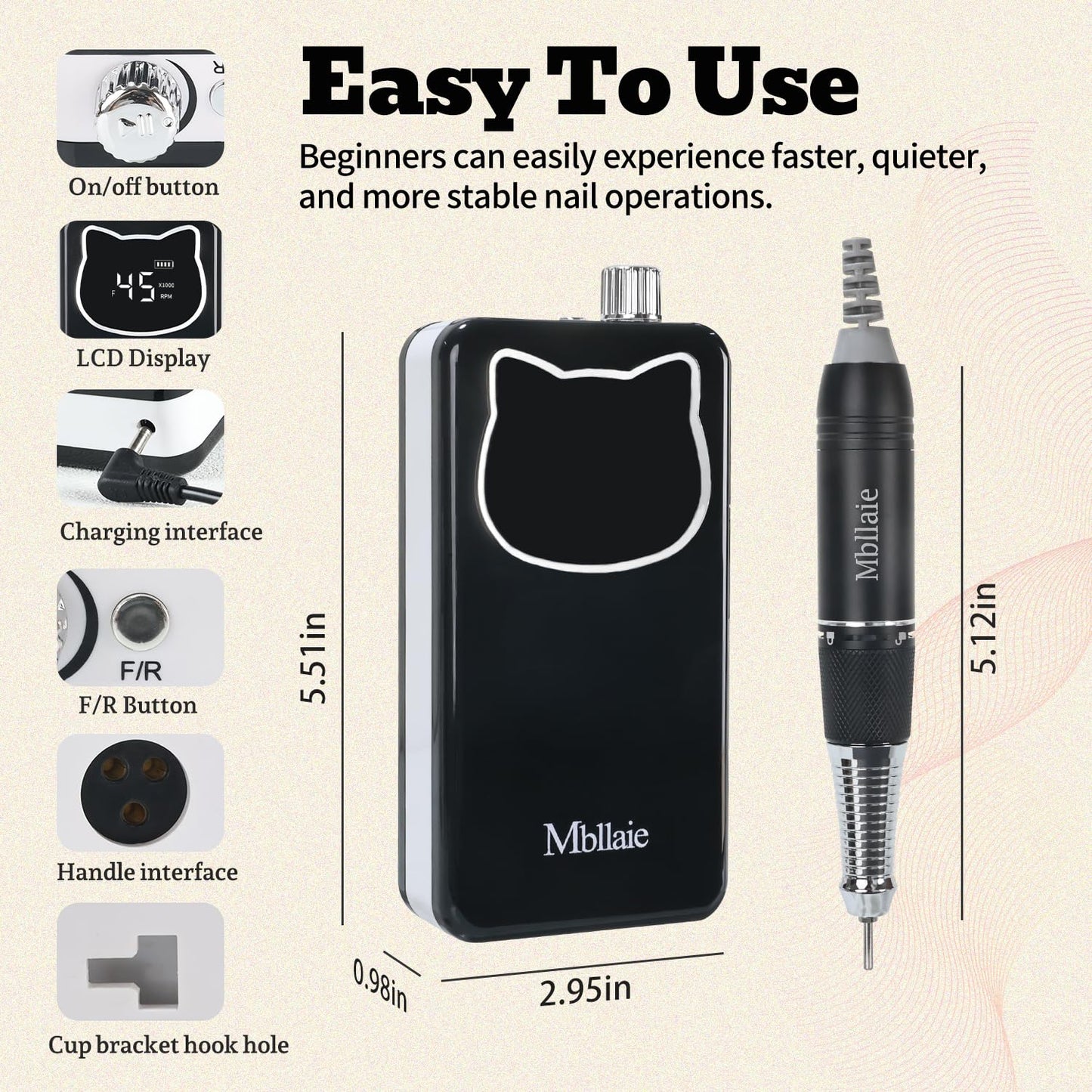 Professional Nail Drill File 45000RPM Electric Portable Nails Drills Kit with Rechargeable 7 uñas Bits Cordless Efile for Poly Gel Acrylic Nails Remover Home Salon Pedicure Manicure Tool (Black)