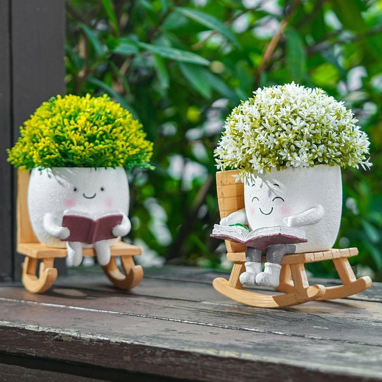 Rocking Chair Smily Face Planter with Drainage Hole, Small Plants Resin Succulent Planter Indoor Outdoor Decor for Desk Balcony Garden (White B)
