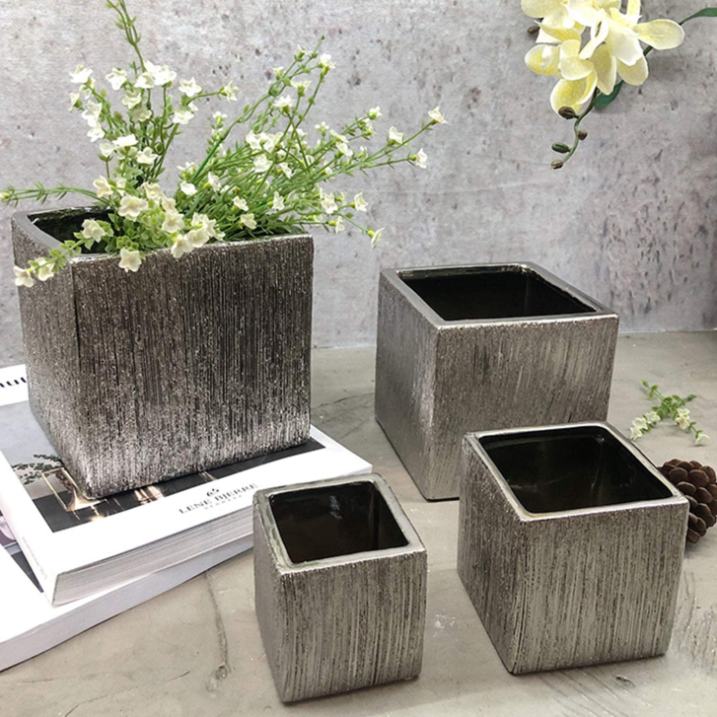 WGV Ceramic Cube Vase Width 4" Height 4" (Fits 3" Pot) Elegant Modern Block Square Floral Planter Terrarium Container Table Dresser for Event Accent Home Office Decor Silver Textured 1 Piece