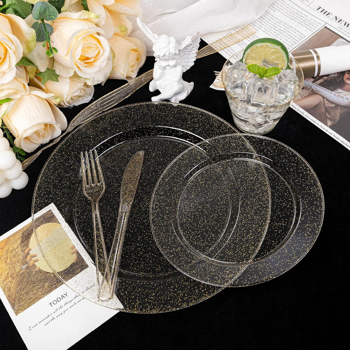 DaYammi 210PCS Gold Glitter Plastic Dinnerware Set for 30 Guests, Fancy Disposable Plates for Party, Include: 30 Dinner Plates, 30 Dessert Plates, 30 Pre Rolled Napkins with Gold Silverware, 30 Cups