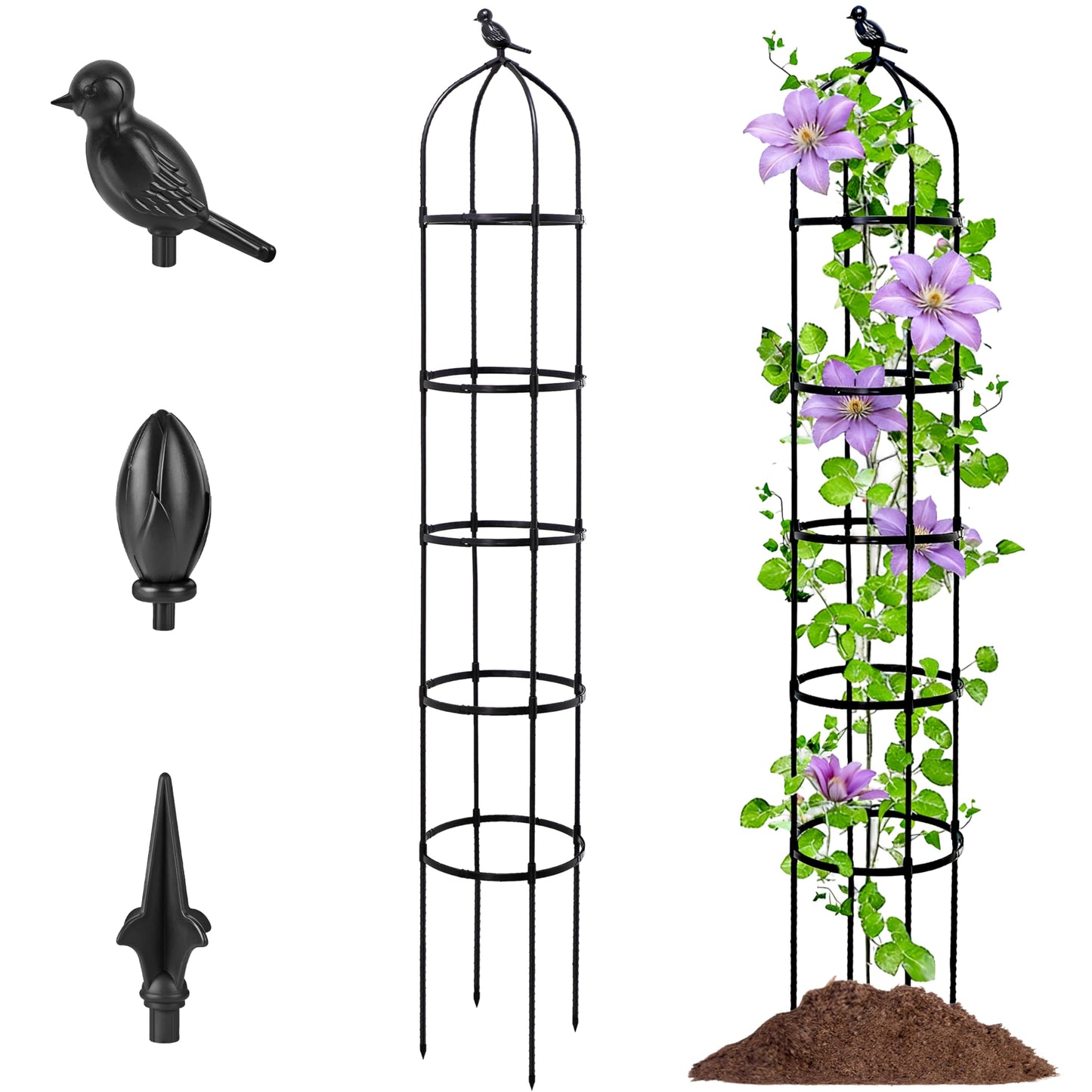6.7FT Garden Obelisk Trellis for Climbing Plants,Adjustable 5-Tier Metal Plant Support,Rustproof Outdoor Plant Tower with 3 Decorative Tops for Roses,Tomatoes,Clematis & Vines,Black