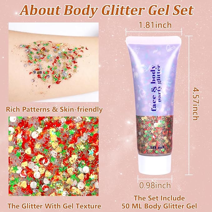 Boko 50ML Body Glitter Gel, Black Halloween Chunky Glitter Gel for Face Hair Body Sparkle Makeup, Witch Clown Glitter Mermaid Face Sequins for Halloween Concert Party Event Rave Accessories