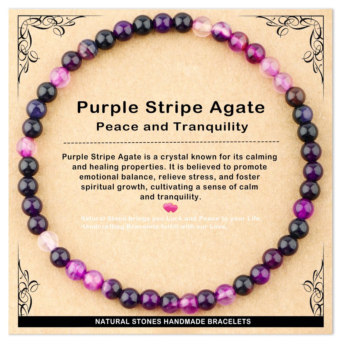 AD Beads 4mm Handmade Purple Stripe Agate Elastic Bracelet – Natural Gemstone for Peace and Tranquility – Meditation, Yoga, Healing and Energy Gift for Men Women