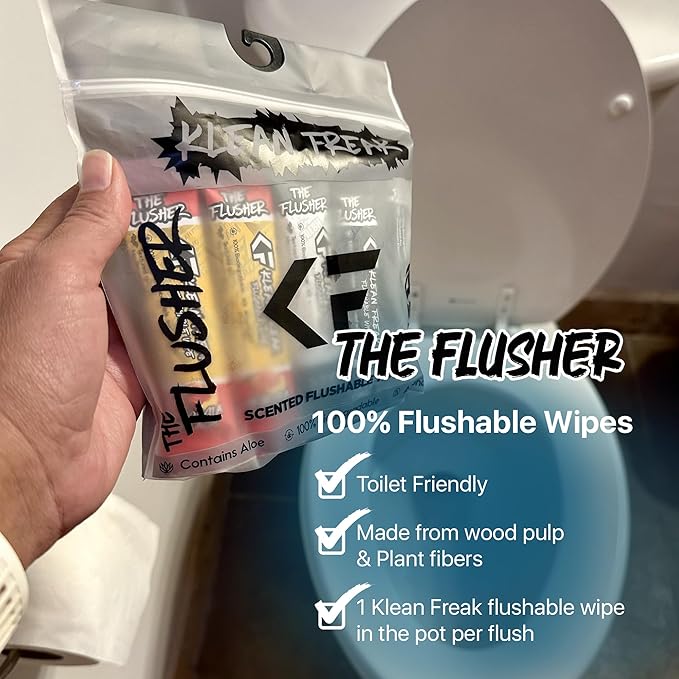 THE KLEAN FREAK FLUSHER -Flushable Wipes For Adults & Kids - 100% BIODEGRADABLE Individual Wrapped Travel WET Wipe for Toilet - Soothing Aloe & Witch Hazel - Alcohol Free 20 Pack - Juicy Grapefruit