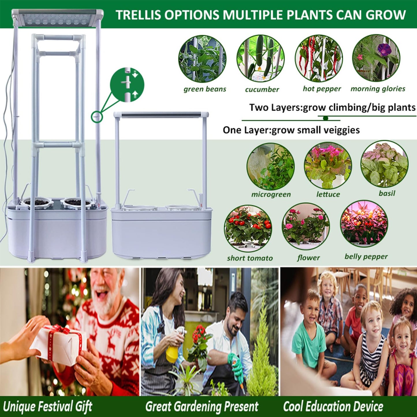 E SUPEREGROW Hydroponics Growing System kit with Trellis,Smart Hydroponic Gardening System with LED Grow Light, Indoor Hydroponic Garden Herb Grow Kit for Short Tomato,Pepper,Cucumber (6200LC)