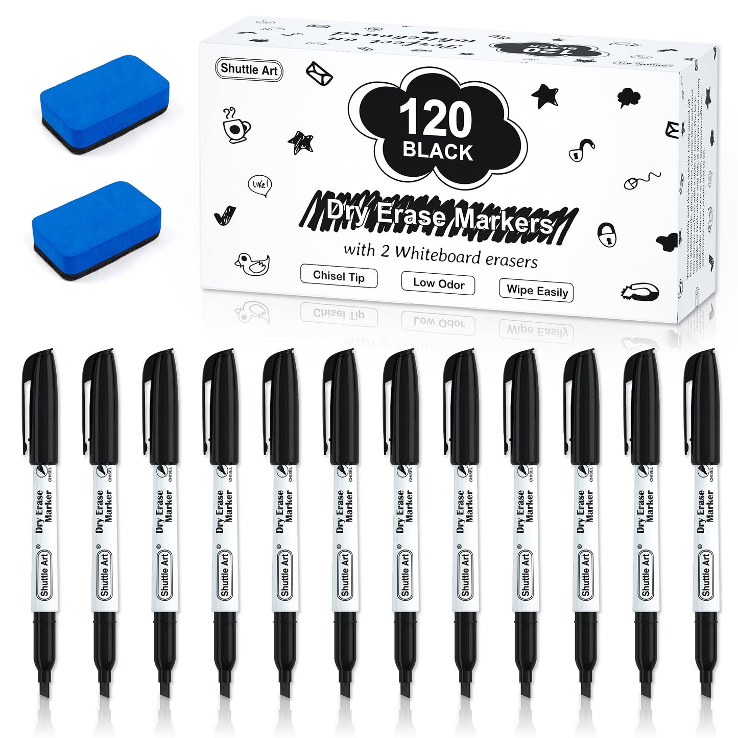 huttle Art Dry Erase Markers, 120 Pack Black Whiteboard Markers with 2 Erasers,Chisel Tip Dry Erase Markers, Perfect For Writing on Whiteboards, Dry-Erase Boards,Mirrors for School Office Home