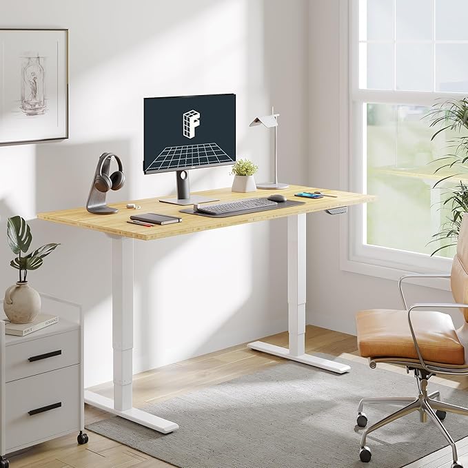 FLEXISPOT E6 MAX Bamboo 60x30 Inch Dual Motor 3-Stage Heavy Duty Standing Desk, 330lbs Weight Capacity, Height Adjustable Desk w/Cable Management & Wheels (Solid Bamboo Desktop + White Frame)