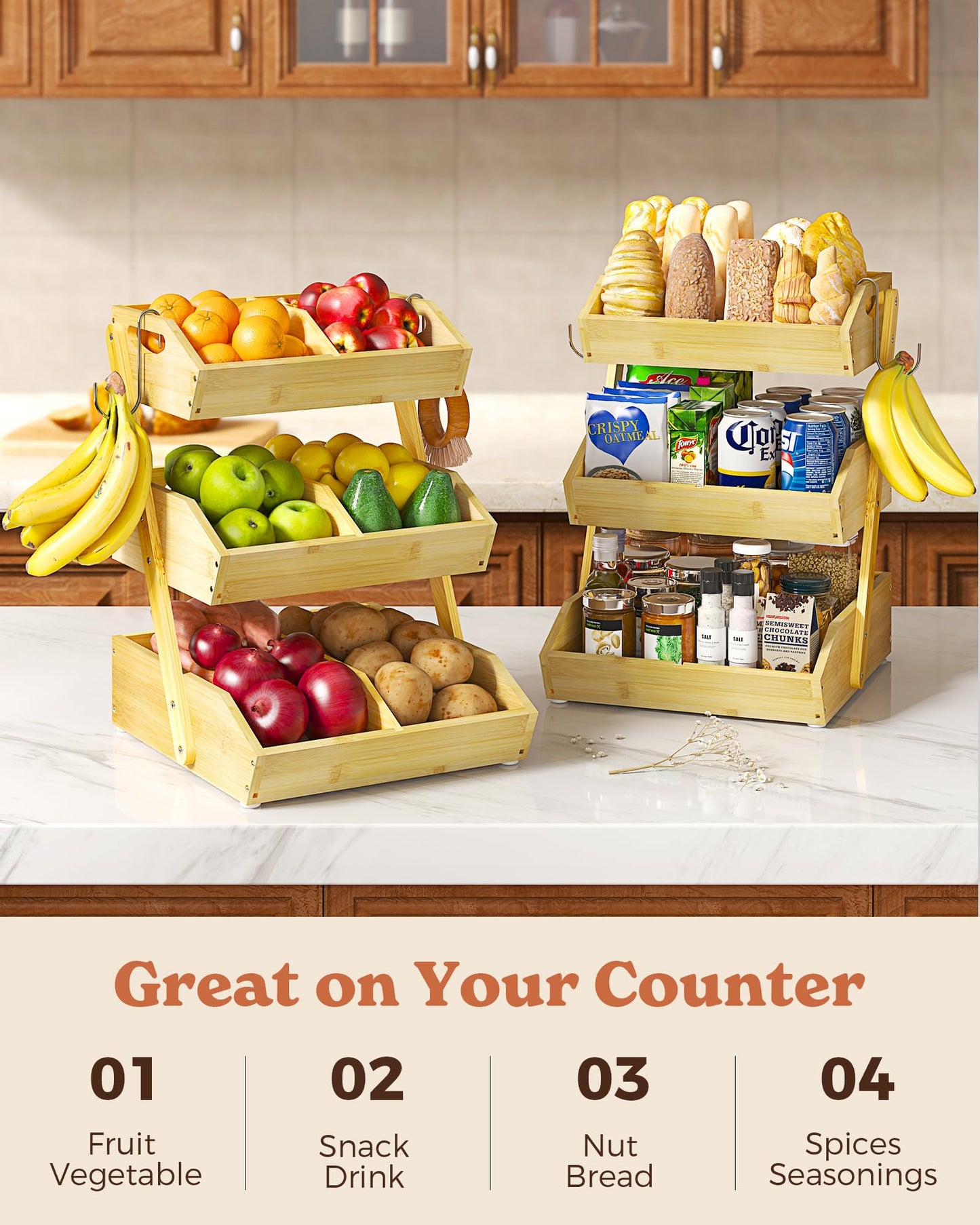Sevenblue 3 Tier Large Bamboo Fruit Basket for Kitchen Counter with 2 Banana Holders, Kitchen Countertop Organizer with Protective Mats, Tiered Fruit Bowl for Bread Snack Veggies with Dividers