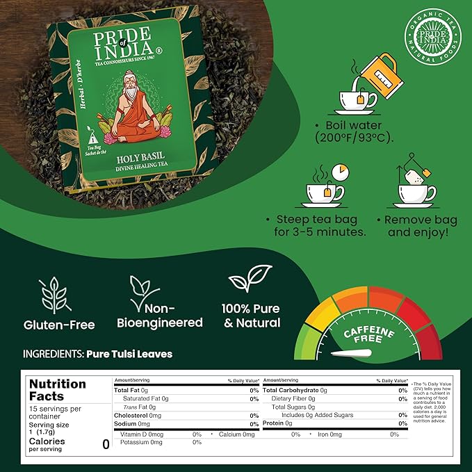 Pride Of India - Natural Holy Basil (Divine Healing Tea), PACK of 2-15 Tea Bags Per Box