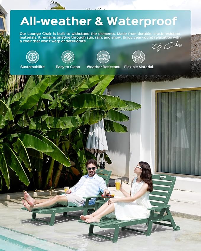 Ciokea Lounge Chair Outdoor, Oversized Chaise Lounge Chair with 5 Positions, HDPE, Patio Lounge Chair with Wheels & Cup Holder for Pool, Deck, Poolside, Green