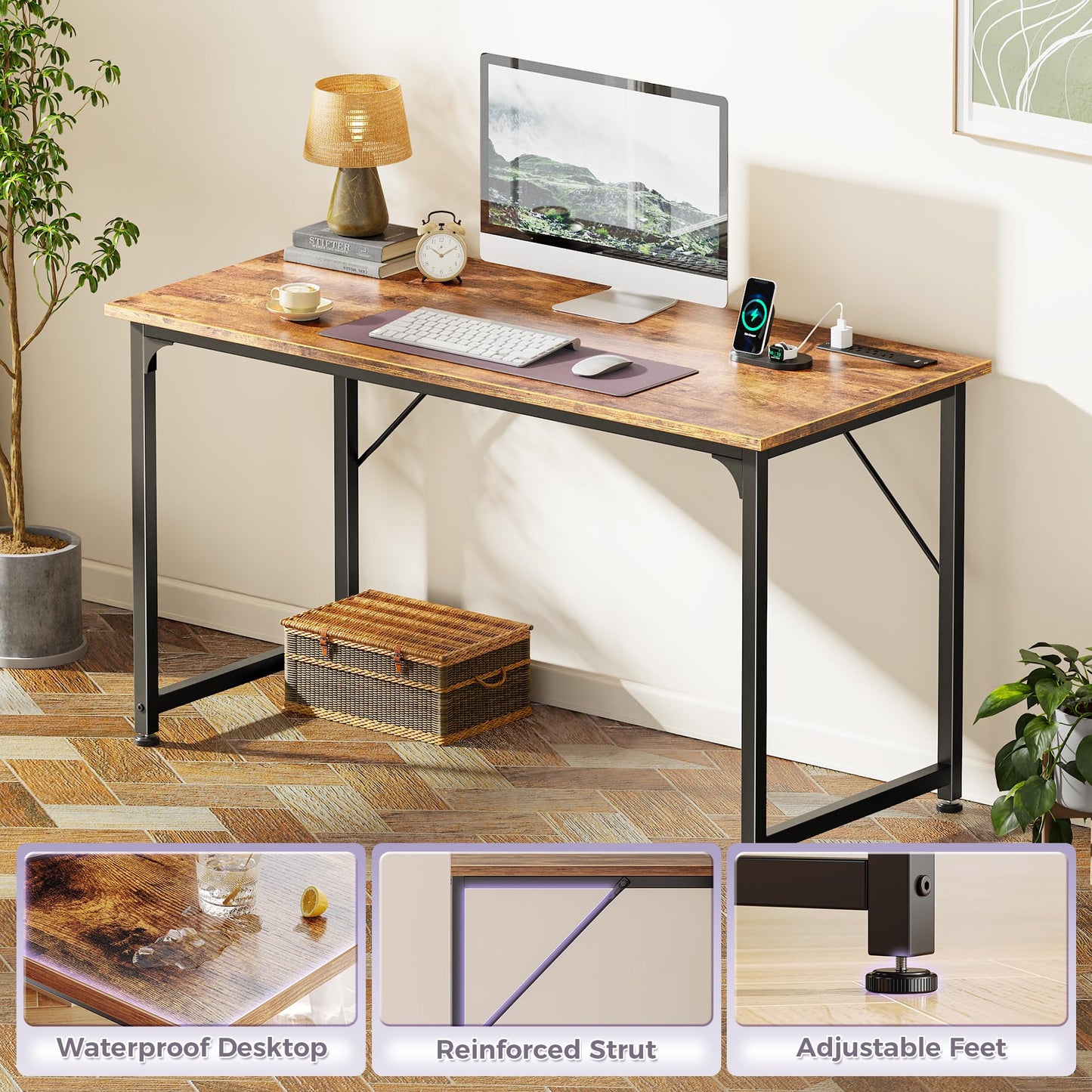 PRAISUN 47 X 20 Inch Office Computer Desk with Power Outlets and USB-C Port, Larger Gaming Desk, for Home Office, Study, Bedroom, Writing Work from Home Table, Metal Frame, Rustic Brown