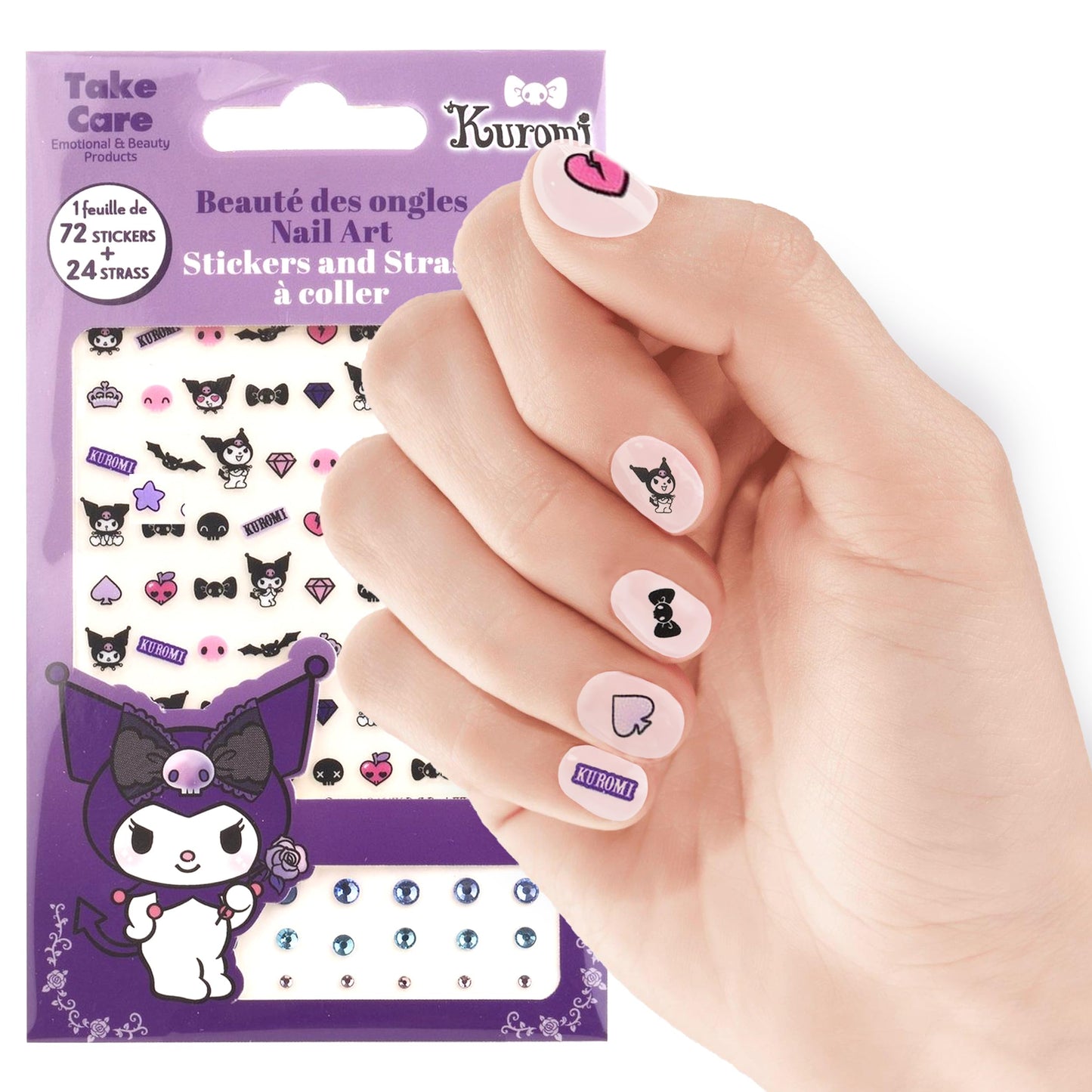 Kuromi Nail Stickers – 1 Sheet with 72 Stickers + 24 Rhinestones – Self-Adhesive Nail Art for Girls – Fun Activity & Gift Idea for Birthdays, Crafts, Party Bags and Playdates