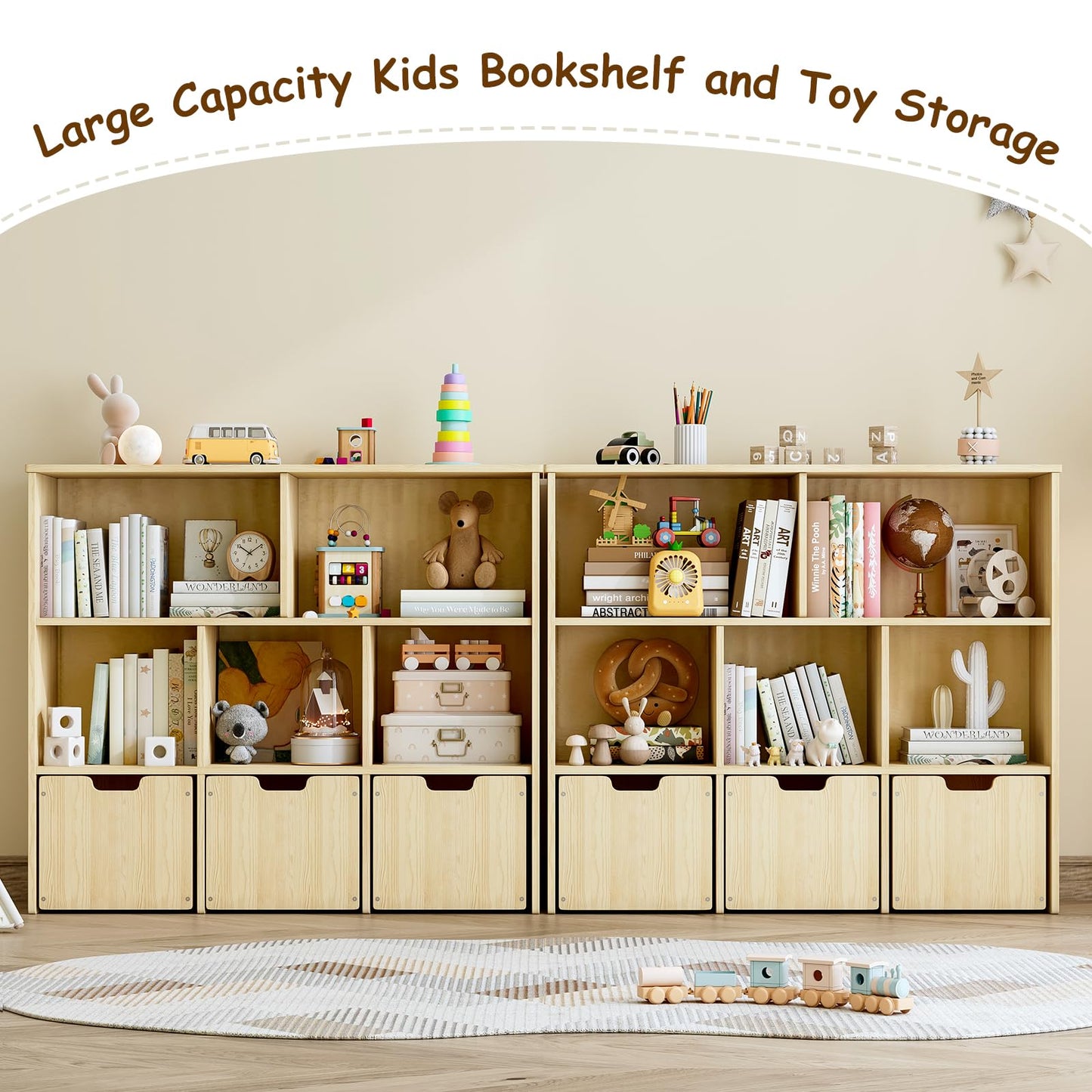 EXPERLAM Toy Storage Organizer, Toy Organizer with 3 Movable Drawers and 5 Storage Cubes, Toy Storage Chest with Hidden Wheels, Kids Bookshelf for Playroom, Burlywood
