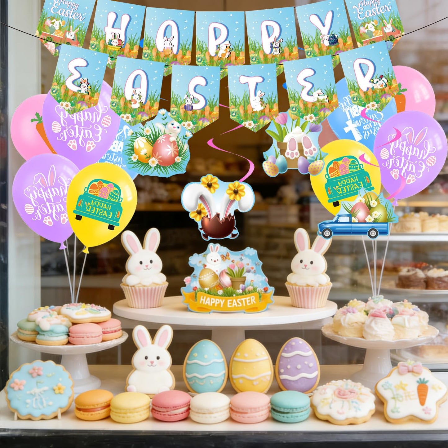 Favuit Happy Easter Party Decorations Kit, Easter Egg Bunny Party Supplies with Banner, Cake Topper, Cupcake Picks, Balloons, Stickers & Hanging Swirls for Home & Classroom