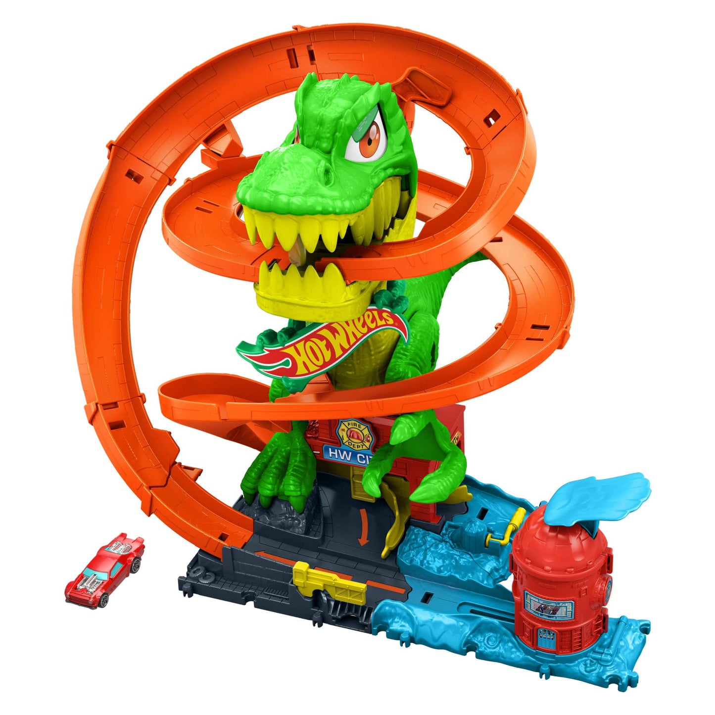 Hot Wheels Toy Car Track Set, City T-Rex Blaze Battle Playset & 1:64 Scale Die-Cast Vehicle, 18” Tall, Multiple Race Outcomes, Spinning Dinosaur Eyes