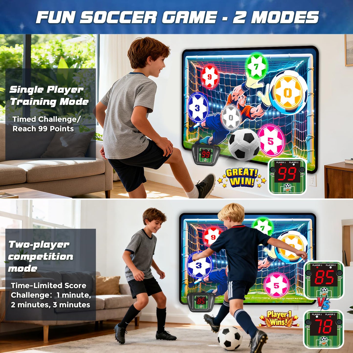 VATOS Electronic Scoring Soccer Toy Game Set for Kids, Indoor Outdoor Soccer Training Target with Real-Time Scoring, 2 Modes, Fabric Goal and 2 Soft Balls, Fun Sport Birthday Ages 3+