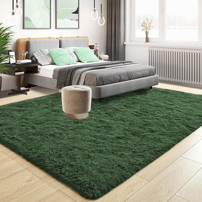 Tepook Soft Fluffy Rugs for Living Room, 5x8 Shaggy Area Rug for Bedroom, Modern Shag Rug Fuzzy Carpets for Kids, Plush Indoor Nursery Home Decor Rug with Non-Slip Bottom, Dark Green