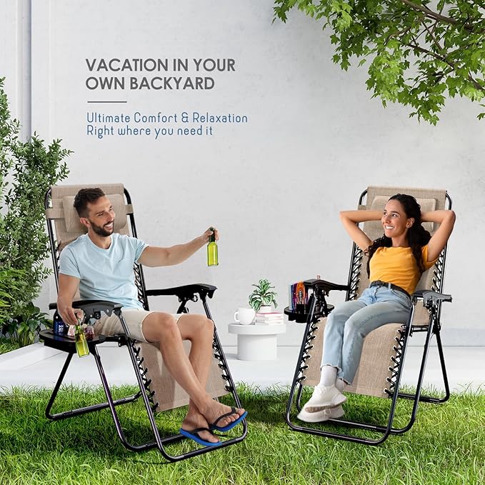 Nestl Zero Gravity Chairs, Portable Patio Lounge Chair Outdoor with Pillows & Cup Holder Trays, Adjustable Steel Mesh Reclining Camping Chair, Folding Patio Lawn Chair for Deck, Beach, Yard - Beige