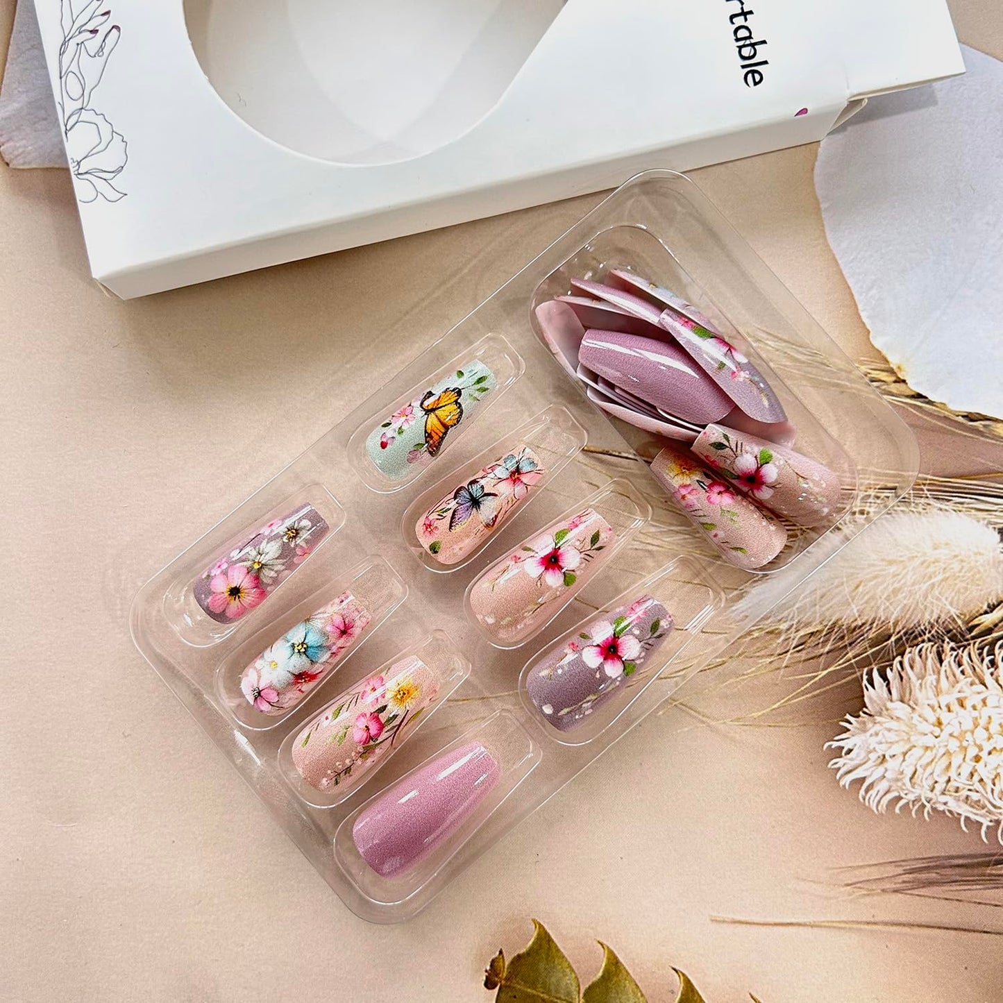 24Pcs Flower Press on Nails Medium Ballet Shaped Full Cover Glossy Artificial Stick on Nail Colrful Floral Butterfly Pattern Design Spring False Nail Reusable Acrylic Press Ons Glue on Nails for Women