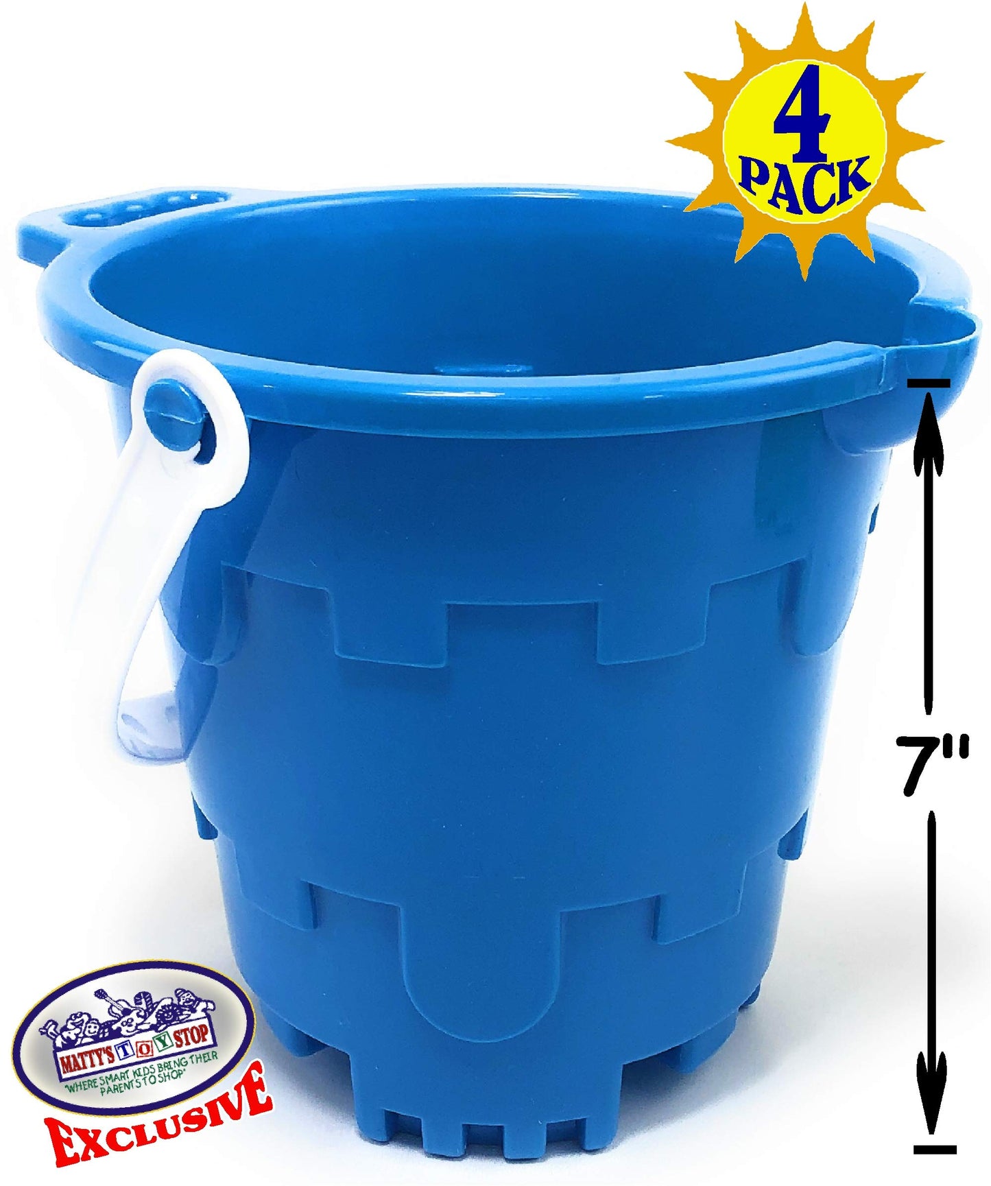Matty's Toy Stop Beach Gear 7" Plastic Castle Mold Sand Buckets (Pails) with Easy Pour Spout and Handle Blue, Pink, Green & Yellow Party Set Bundle - 4 Pack