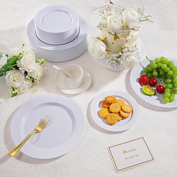 100PCS White Plastic Plates, 10 Inch Disposable Dinner Plate Party, Heavy Duty Disposable Plastic Plates for Party, Wedding and Birthday