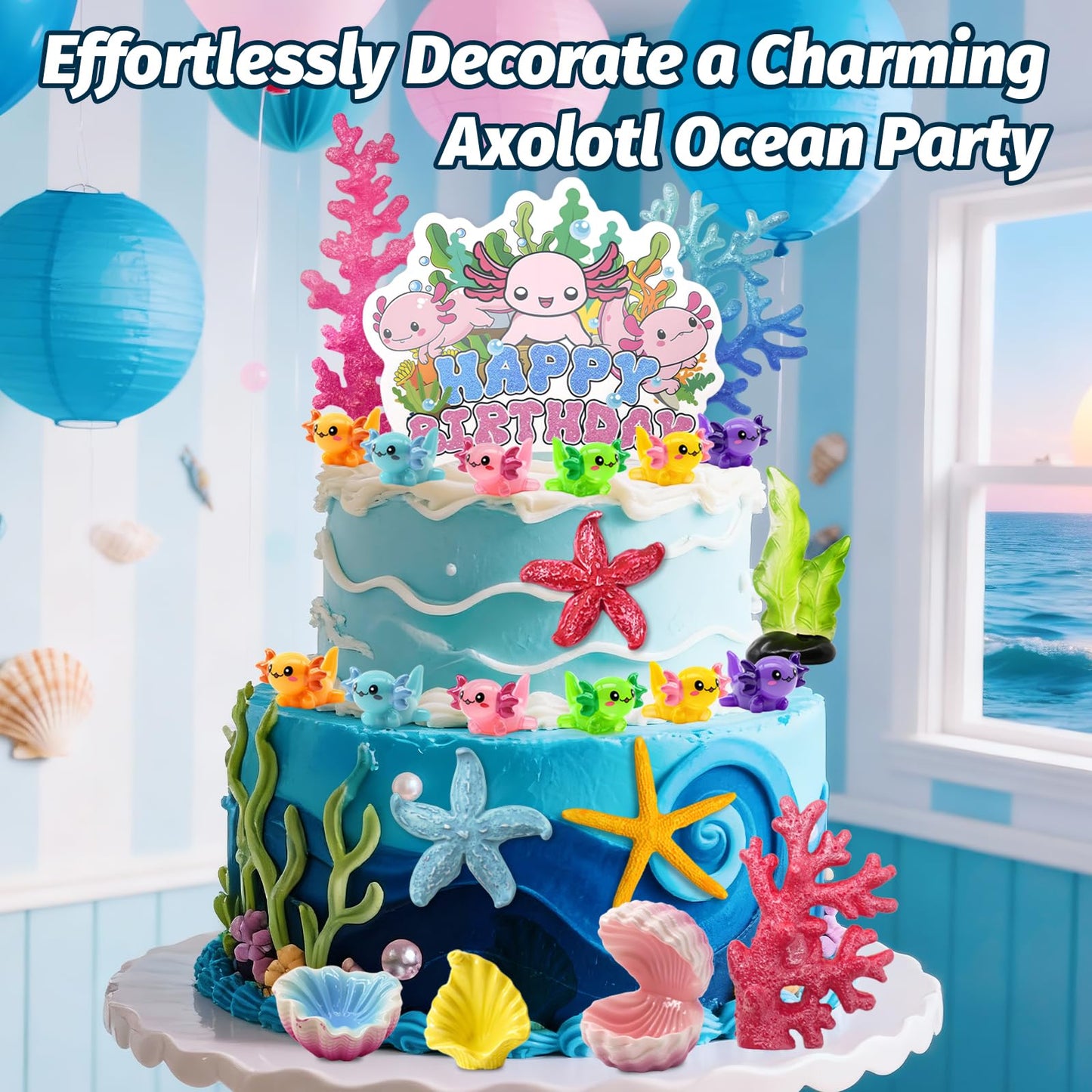 23Pcs Axolotl Cake Topper Kit, Adorable Axolotl Birthday Decorations for Cakes, Cupcakes & Party Dessert Table, Ocean Theme Party Supplies