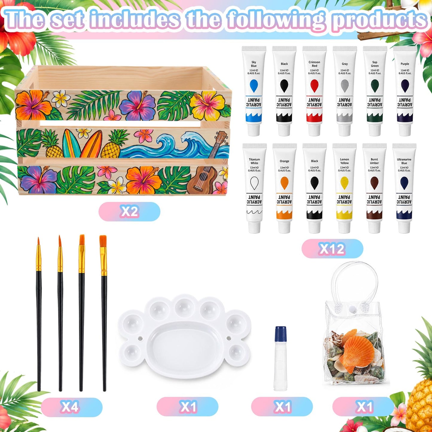 Huwena 2 Pack DIY Bikini Box Kit- DIY Bikini Storage, 16 * 12 * 8in Unfinished Wooden Storage Box Shells and Color Paint Assembly Summer Pool Bin for Hawaiian Tropical Beach Party