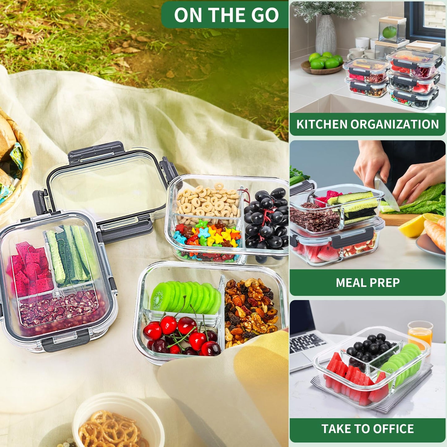 Skroam 5-Packs 36OZ Glass Airtight Food Storage Containers 3 Compartments, Meal Prep Container Set with Lids for Pantry Kitchen Organizers and Storage, BPA Free Glass Lunch Boxes Bento
