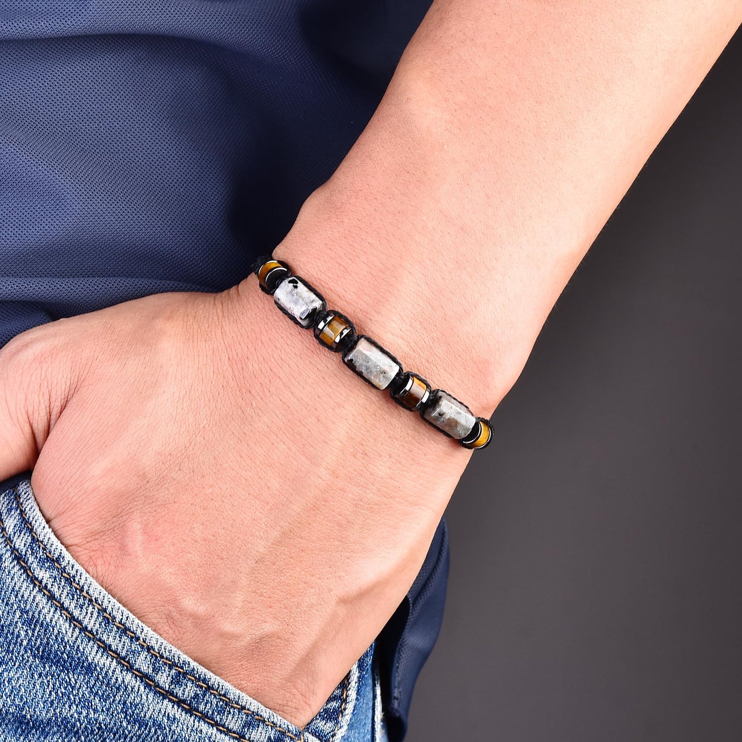 Senxilk Natural Yooperlite and Tiger Eye Stone Beaded Wrap Bracelet for Men, Black