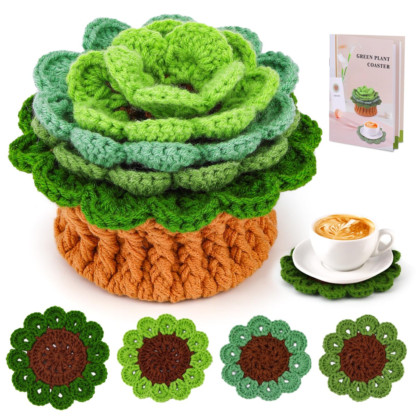 LUNARM Crochet Kit for Beginners, Crochet Start Kit Green Plant Coasters with Step-by-Step Video Tutorials, Easy-to-Learn Knitting with Hook and Yarn, Beginner-Friendly