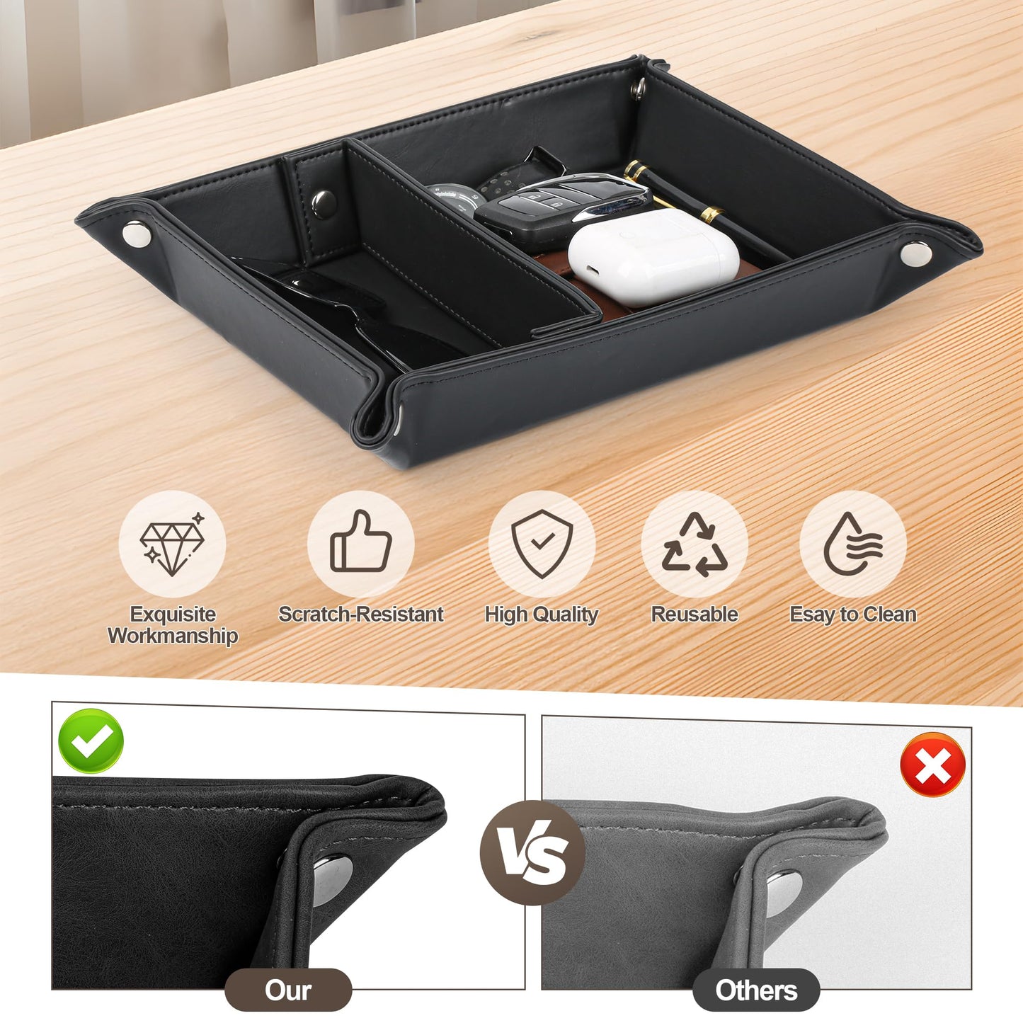 Deluxe Leather Tray Desktop Storage Organizer Watch Remote Control Jewelry Cell Phone Wallet Keychain Desktop Storage for Home, Camping Unique Gift Ideas for Men and Friends