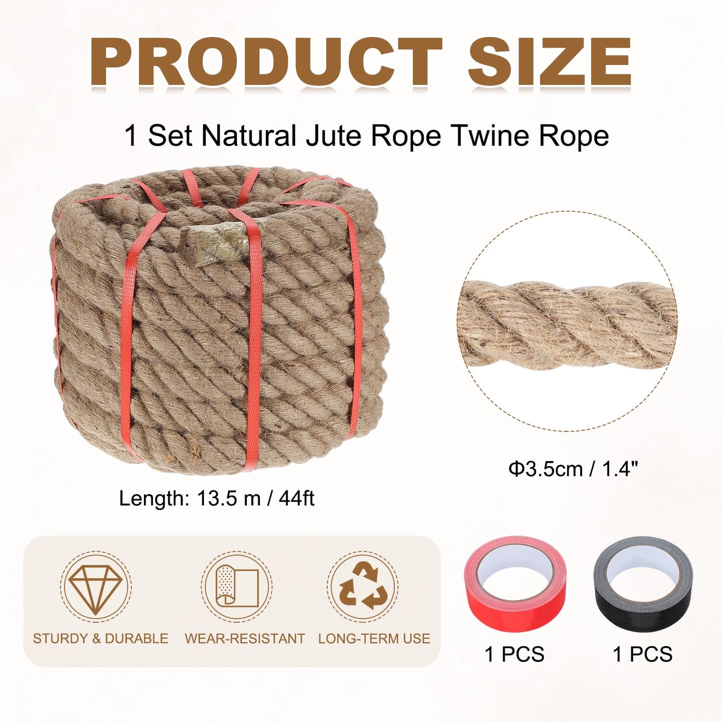 MECCANIXITY Jute Rope 1.4 Inch x 15ft, Thick Twine Rope Ropes Braided Jute Twine Natural Brown Burlap Cord String Heavy Twisted with Tapes for Decorative Crafts Railing Swing Tug of War