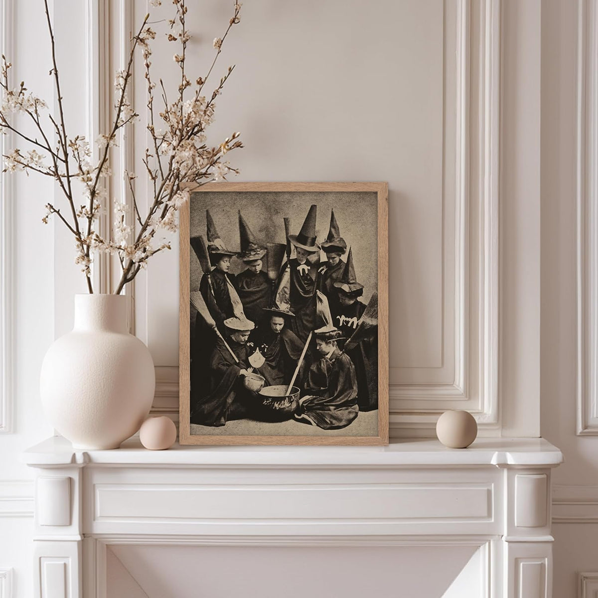 Poster Master Vintage Photograph Poster - Retro Halloween Print - Gift for Artist, Friend - Witches Cooking, Pointy Hats, Broomsticks, Black Magic - Wall Decor for Bedroom, 8x10 Beige Framed