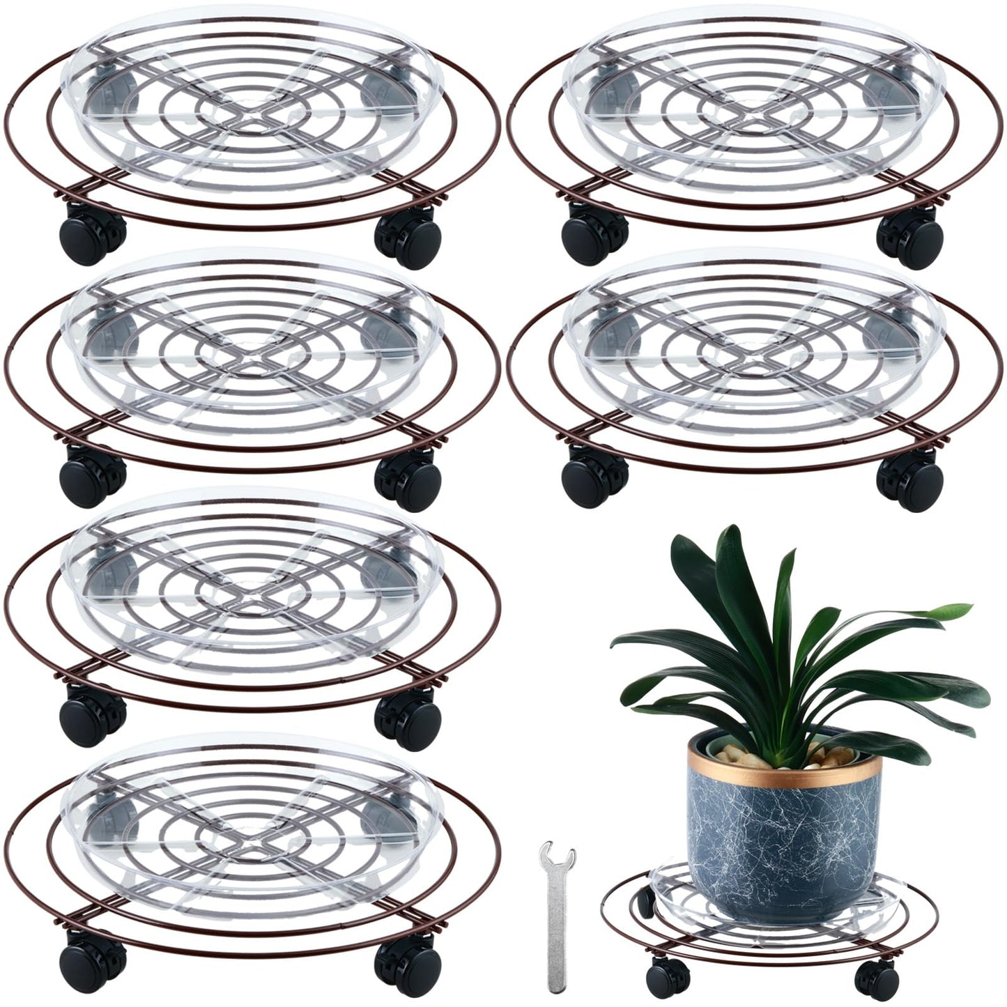 KvyusFlourish 6 Packs Large Metal Plant Caddy with Wheels 13" Rolling Plant Stands Heavy-duty Wrought Iron Plant Roller Base Pot Movers Plant Saucer on Wheels Bronze