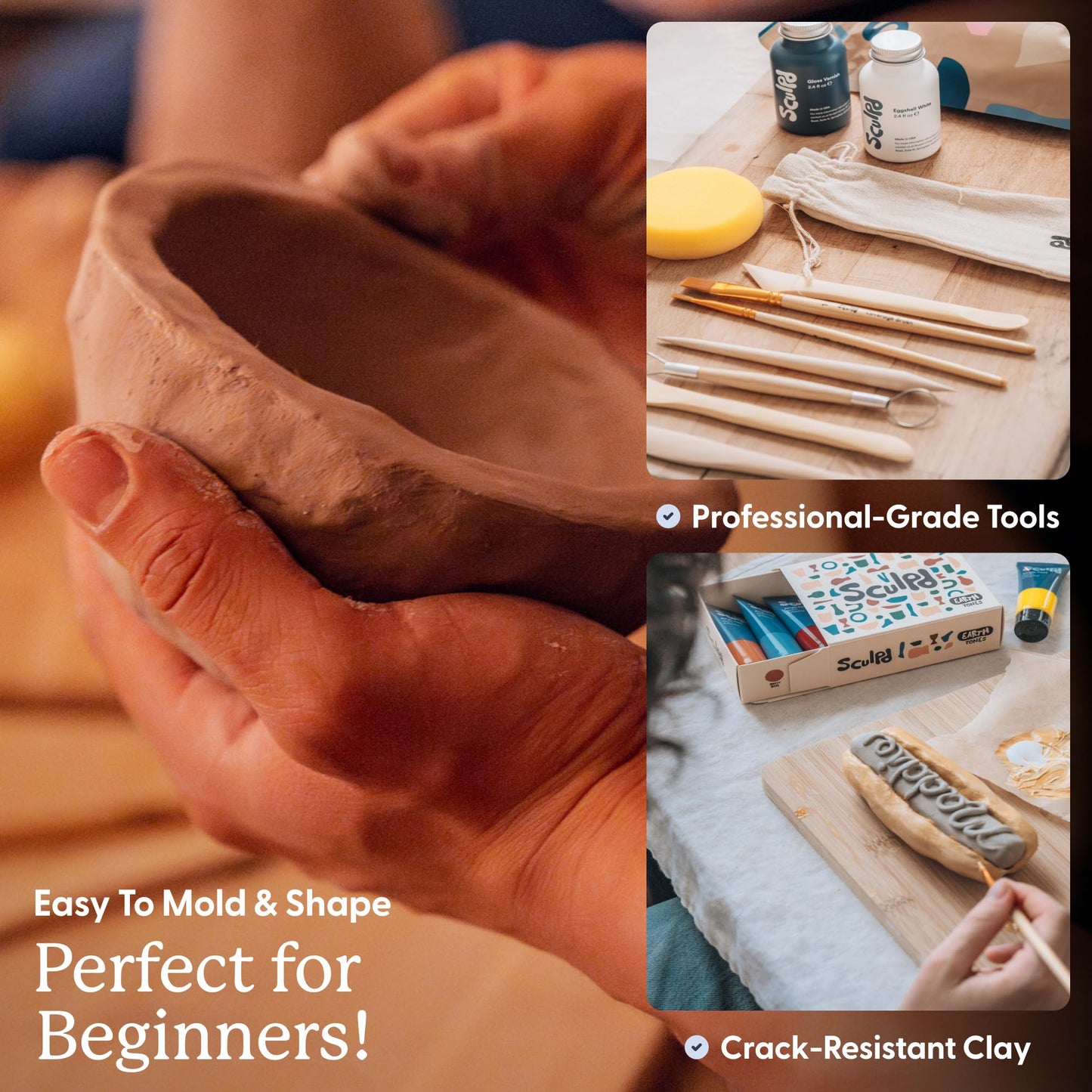 Sculpd - The Original Pottery Kit for Adults - Air Dry Clay for Adults, Tools, Varnish, Paints, Brushes, Couples Date Night Arts & Crafts Set, Matte Varnish