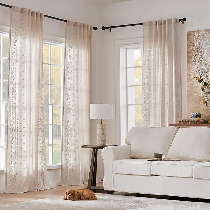 jinchan Winslow Linen Curtains 96 Inches Long for Bedroom Linen Blended Embroidered Floral Curtains for Living Room Farmhouse Decor Light Filtering Window Treatments Ivory on Beige Drapes 2 Panels