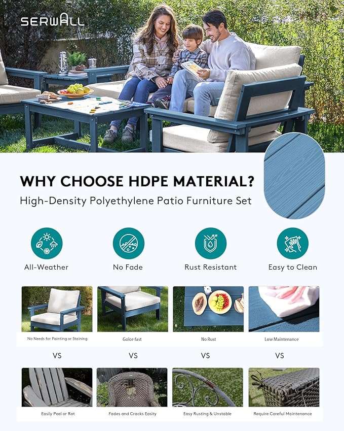 SERWALL HDPE Patio Furniture Set, 7-piece Outdoor Sectional Sofa Set, All Weather Outdoor Couch Set for Deck, Lawn, Blue Frame with Khaki Cushion