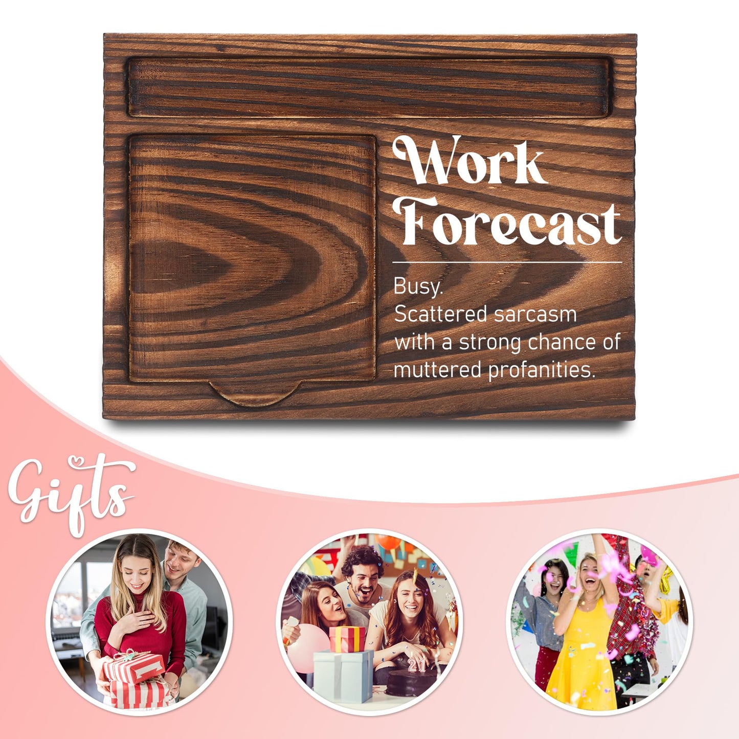 Funny Office Work Gifts for Coworker, Sarcastic Gag Going Away Farewell Gifts, Work Forecast Sticky Note Holder, Post-it Note Dispenser for Desk, Wooden Post-it Note & Pen Holder 6.5" x 4.7" - FTA110