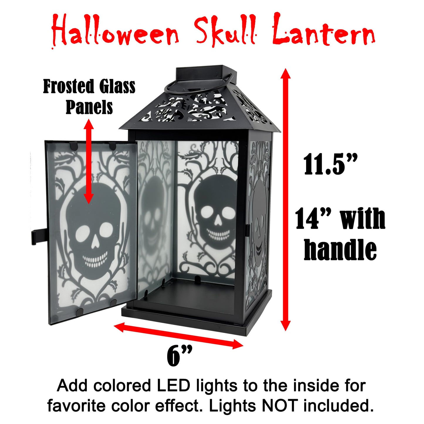 VELA LANTERNS 11.5" Halloween Skull Candle Lantern - Decorative Spooky Tabletop Light for Haunted House, Gothic Home, Front Porch & Party Decor, Metal with Frosted Glass (Candle NOT Included)