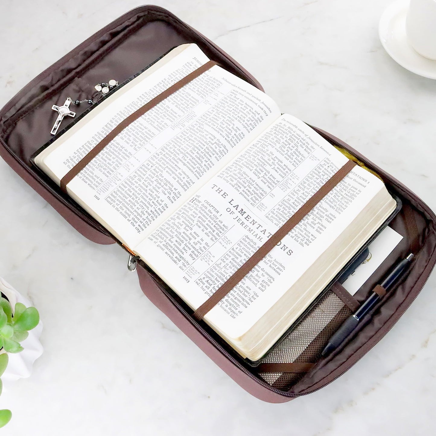Bible Cover Dark Brown Vegan Leather with Scripture Verse Durable Bible Case with Elastic Page Holders Zipper Pocket Multiple Storage Options for Pens Notepad