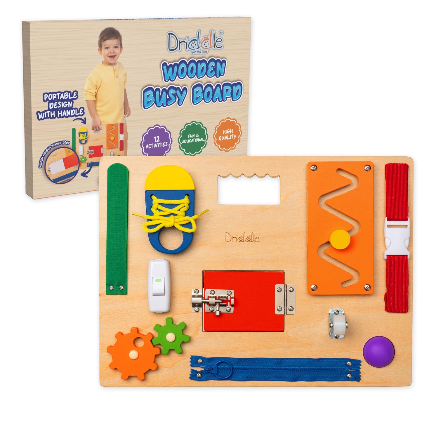 Driddle Busy Board - Wooden Montessori Activity Board for Toddlers & Kids - 12 Educational Sensory Toys to Learn Basic Life Skills & Develop Fine Motor Skills + Baby Mirror