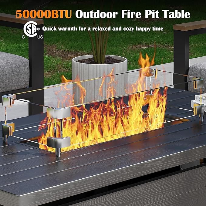 Sundale Outdoor 7 Pieces Patio Furniture Set with Fire Pit Table, L-Shaped Outdoor Sectional Sofa with 6 Inch Olefin Cushion, All-Weather Modern Metal Outdoor Conversation Sets