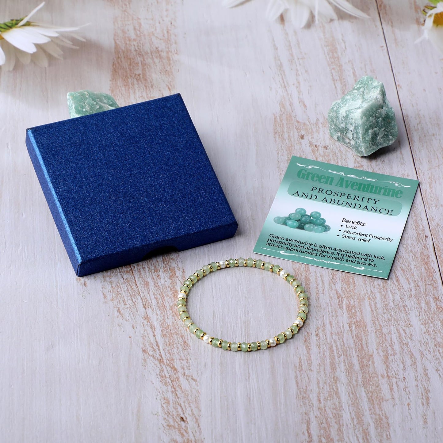 QOGIR Green Aventurine - Prosperity - 14K Gold Plated Beads Natural Gemstone Stretch Elastic Dainty Healing Beaded Bracelets Gifts 2x4mm